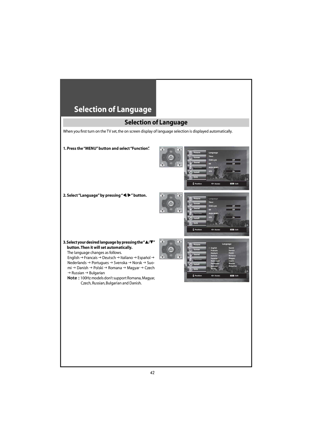 Daewoo DLT-46U1HZ Selection of Language, Language changes as follows, Russian Bulgarian Czech,Russian,Bulgarian and Danish 