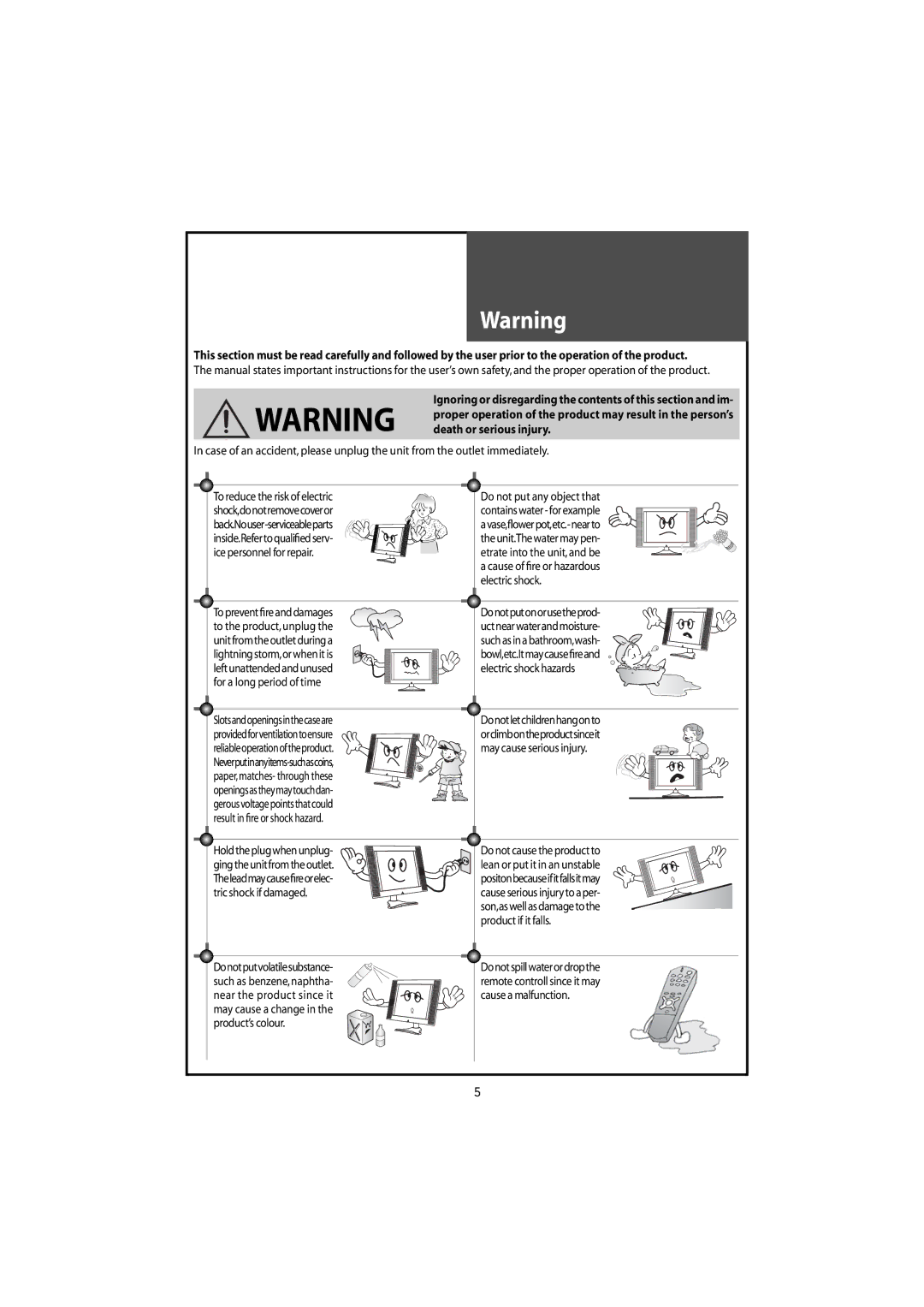 Daewoo DLT-46U1FH, DLT-42U1/G1FH, DLT-46U1HZ, DLT-42U1/G1HZ Do not put any object that Containswater-forexample 