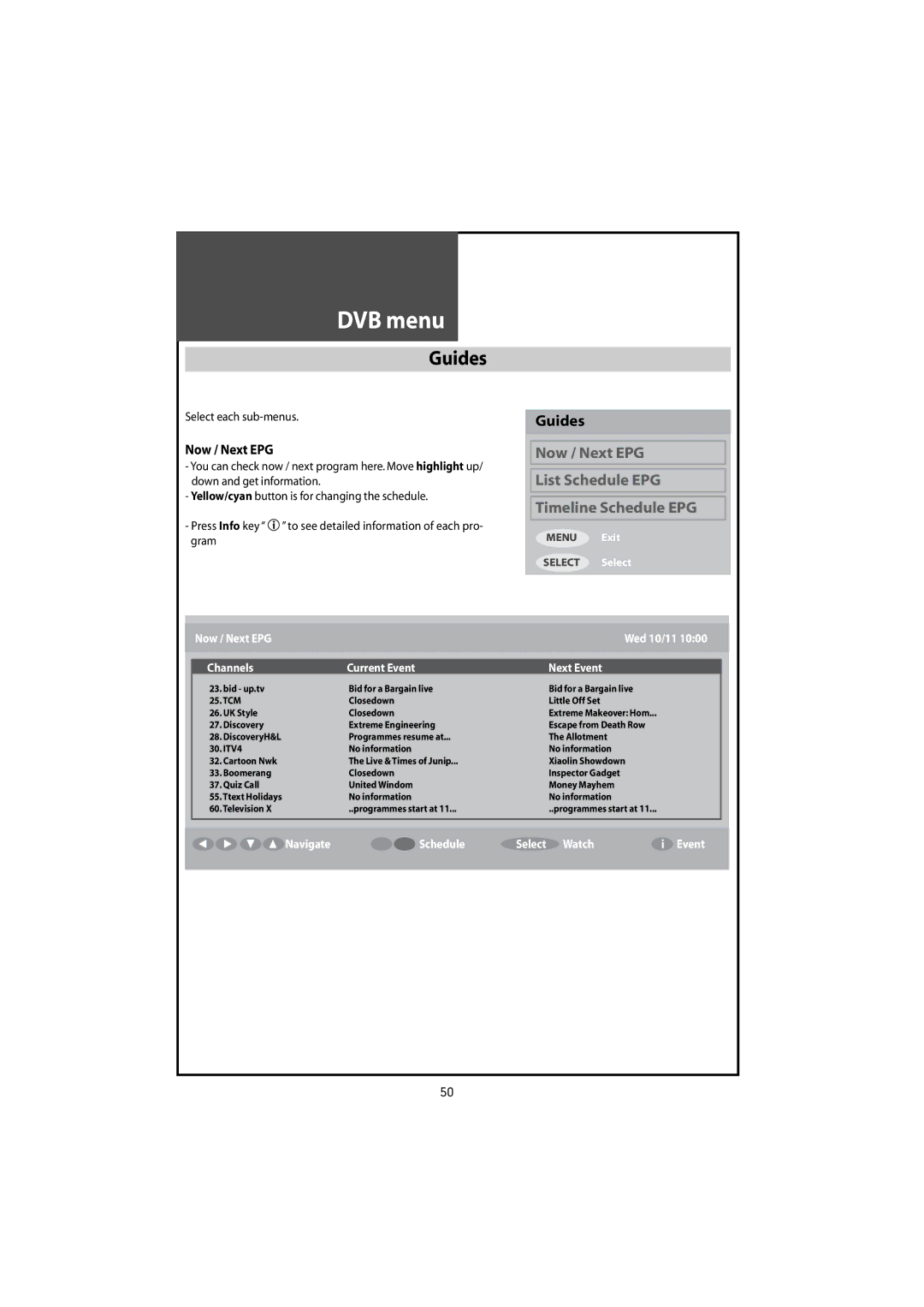 Daewoo DLT-46U1HZ, DLT-42U1/G1FH, DLT-46U1FH, DLT-42U1/G1HZ instruction manual Guides, Now / Next EPG, Select each sub-menus 