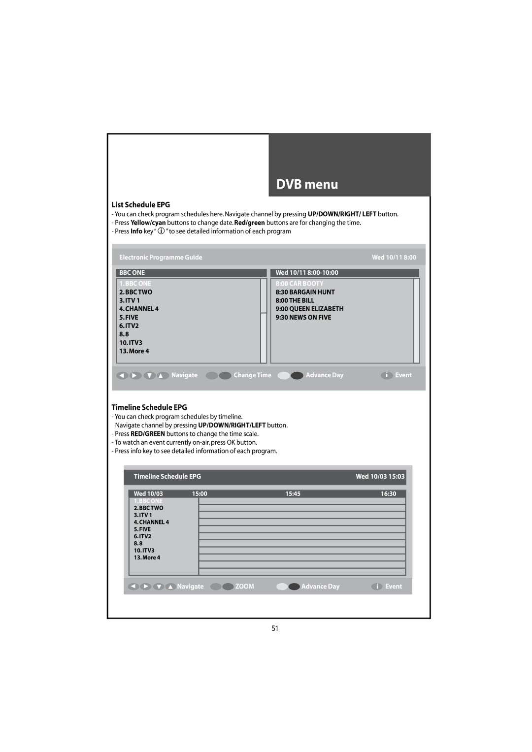 Daewoo DLT-42U1/G1HZ, DLT-42U1/G1FH, DLT-46U1FH, DLT-46U1HZ instruction manual List Schedule EPG, Timeline Schedule EPG 