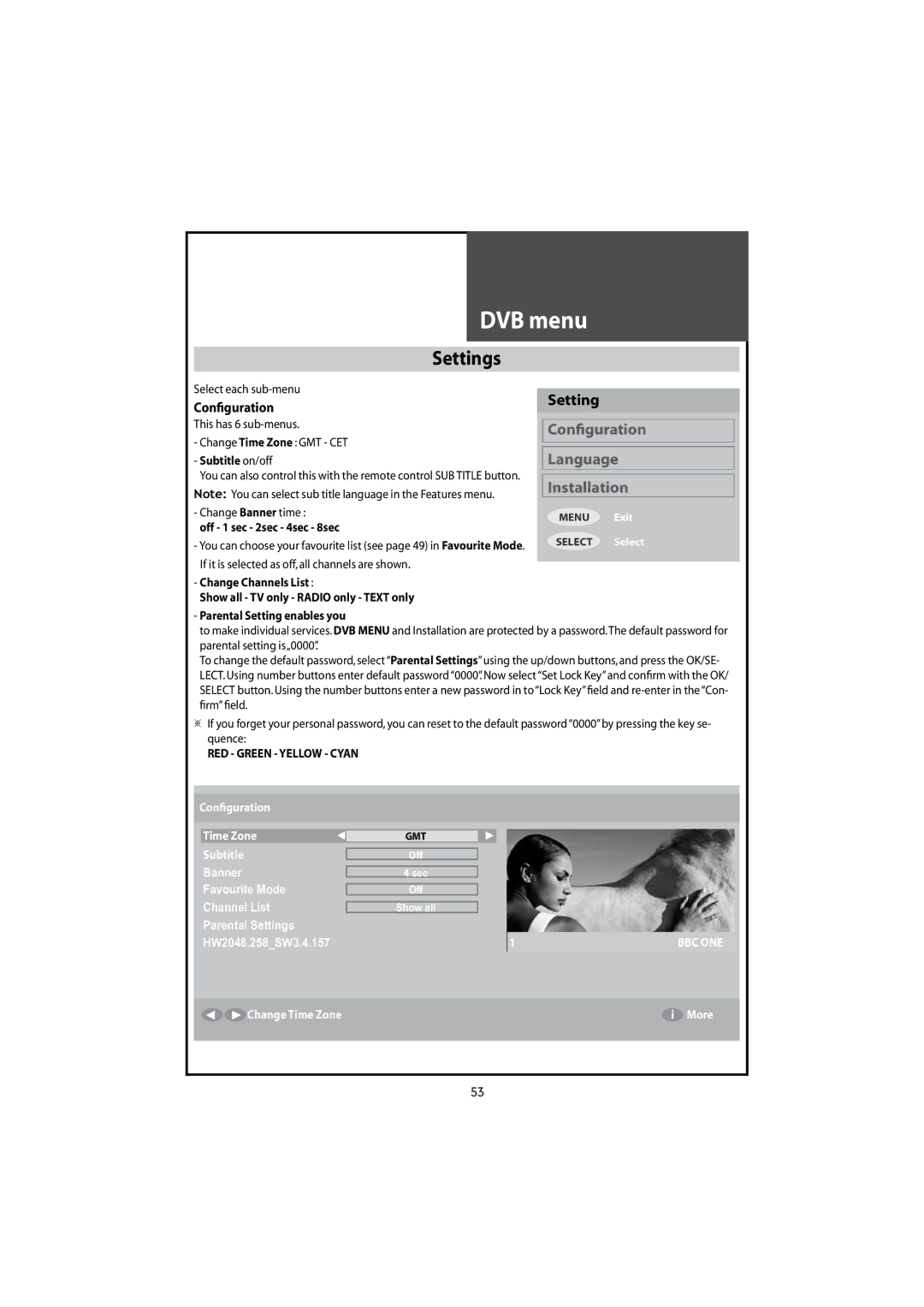 Daewoo DLT-46U1FH, DLT-42U1/G1FH Settings, Conﬁguration, Select each sub-menu, Change Banner time Off 1 sec 2sec 4sec 8sec 