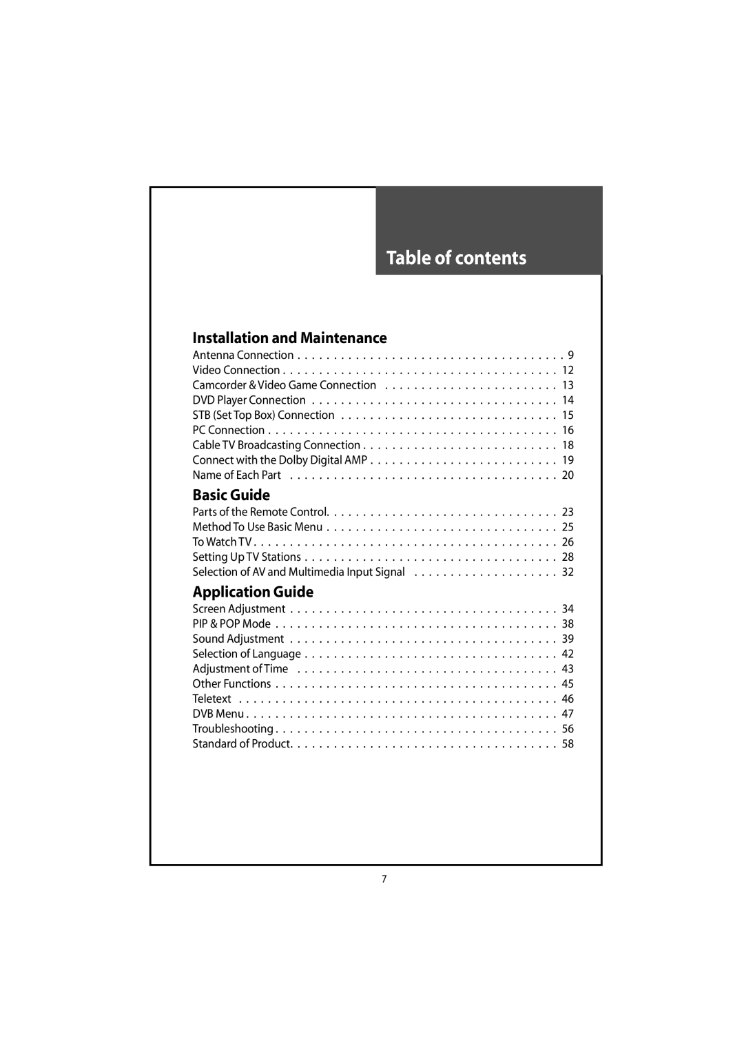 Daewoo DLT-42U1/G1HZ, DLT-42U1/G1FH, DLT-46U1FH, DLT-46U1HZ instruction manual Table of contents 