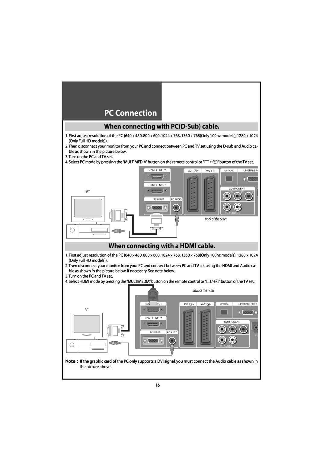 Daewoo DLT-42U1/G1FH, DLT-46U1FH PC Connection, When connecting with PCD-Sub cable, When connecting with a HDMI cable 
