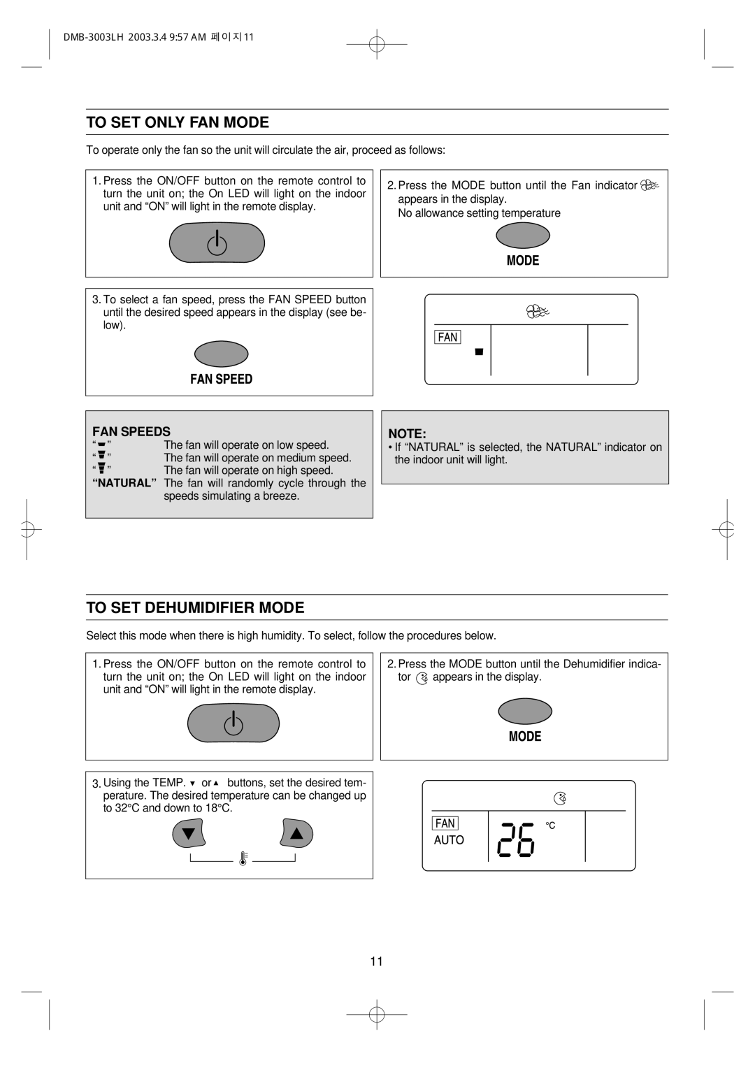 Daewoo DMB-3003LH owner manual To SET only FAN Mode, To SET Dehumidifier Mode 