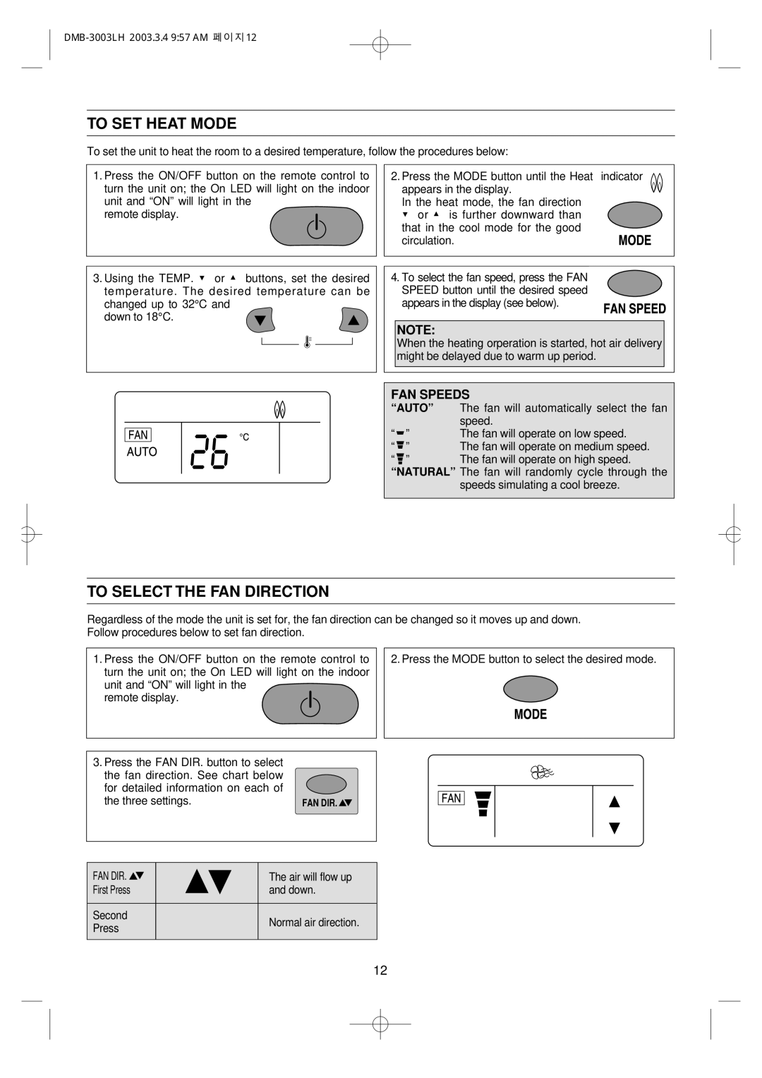 Daewoo DMB-3003LH owner manual To SET Heat Mode, To Select the FAN Direction 