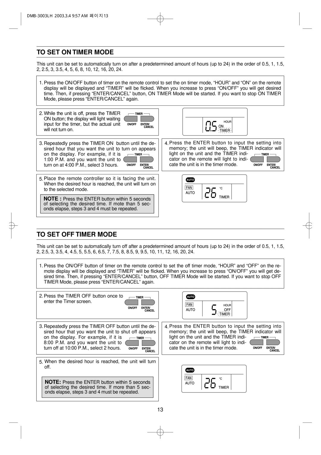 Daewoo DMB-3003LH owner manual To SET on Timer Mode, To SET OFF Timer Mode 