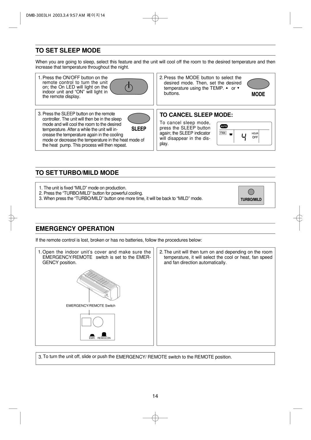 Daewoo DMB-3003LH owner manual To SET Sleep Mode, To SET TURBO/MILD Mode, Emergency Operation, To Cancel Sleep Mode 