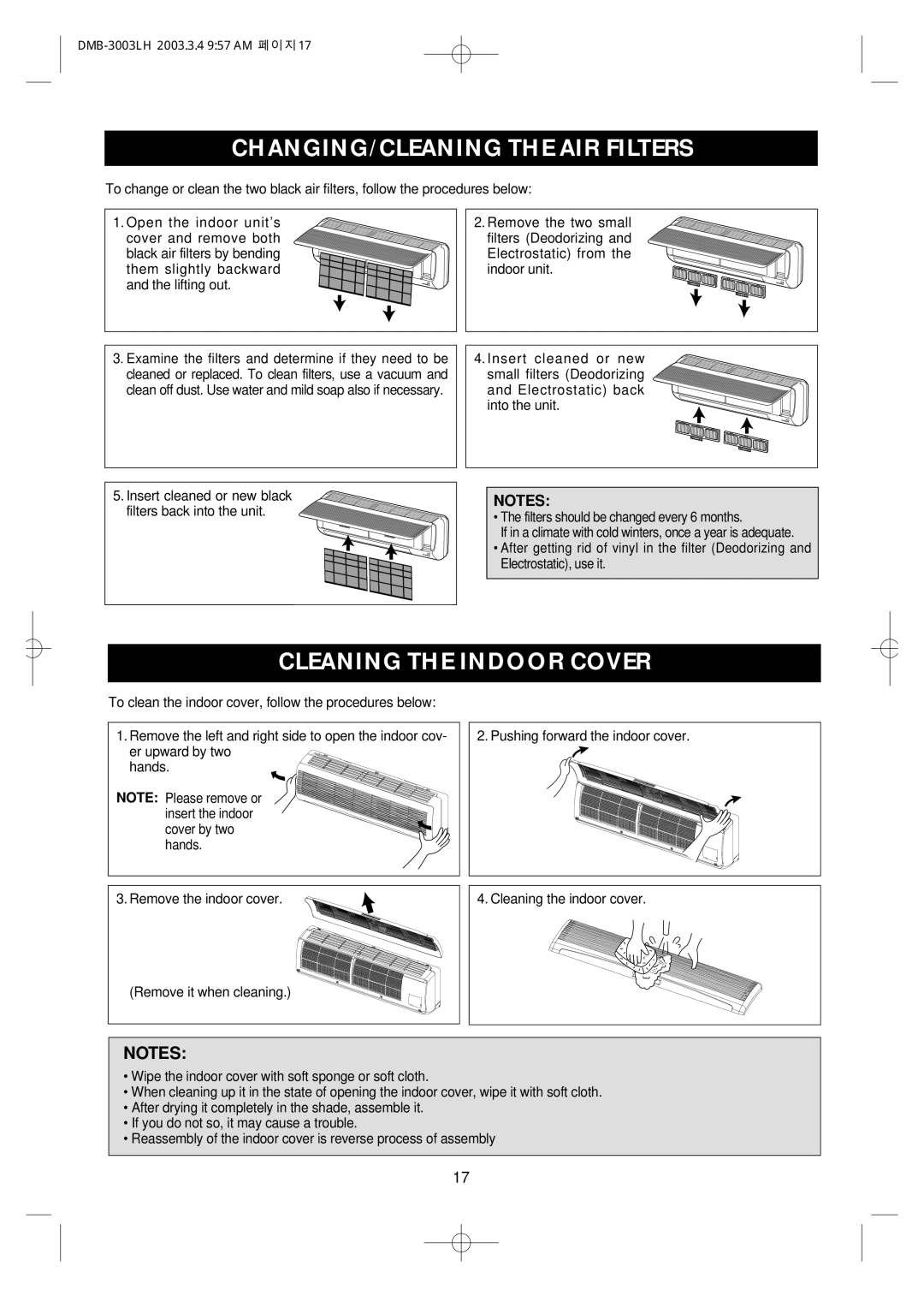 Daewoo DMB-3003LH owner manual CHANGING/CLEANING the AIR Filters, Cleaning the Indoor Cover 