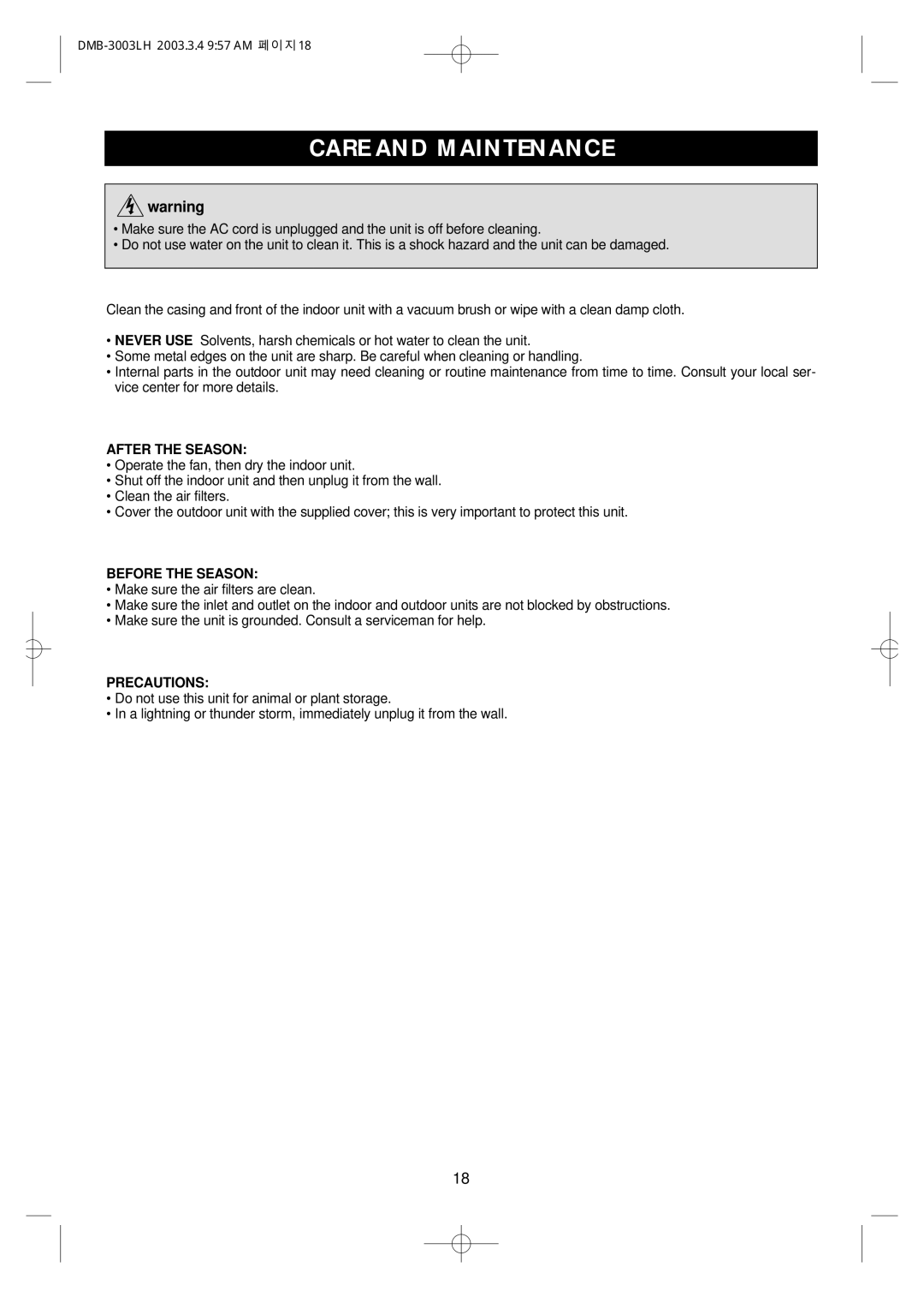 Daewoo DMB-3003LH owner manual Care and Maintenance, After the Season 