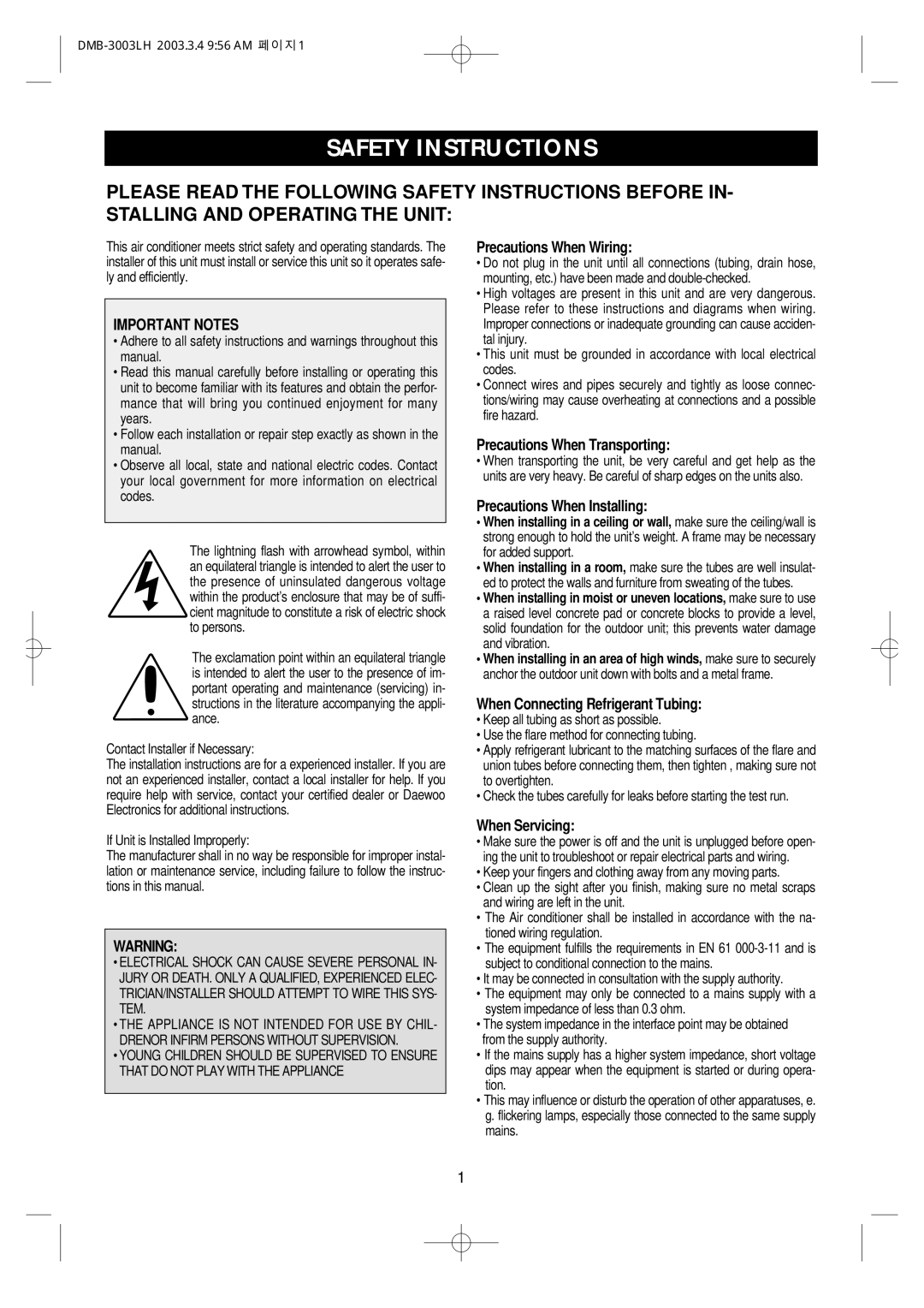 Daewoo DMB-3003LH owner manual Safety Instructions, Important Notes 