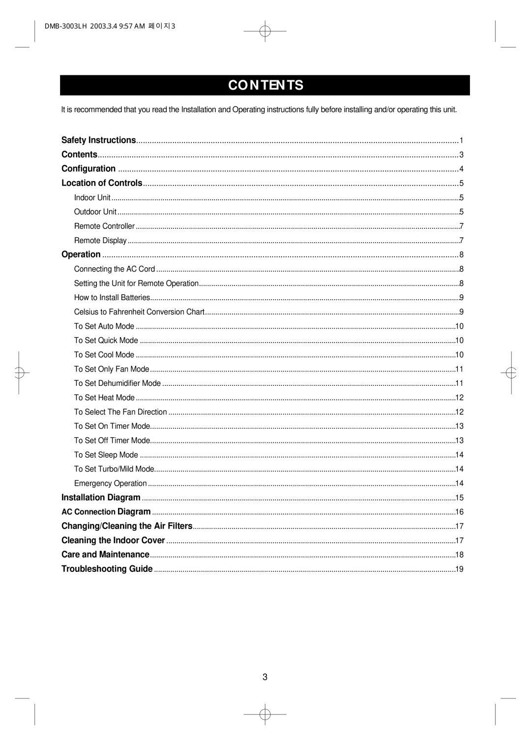 Daewoo DMB-3003LH owner manual Contents 