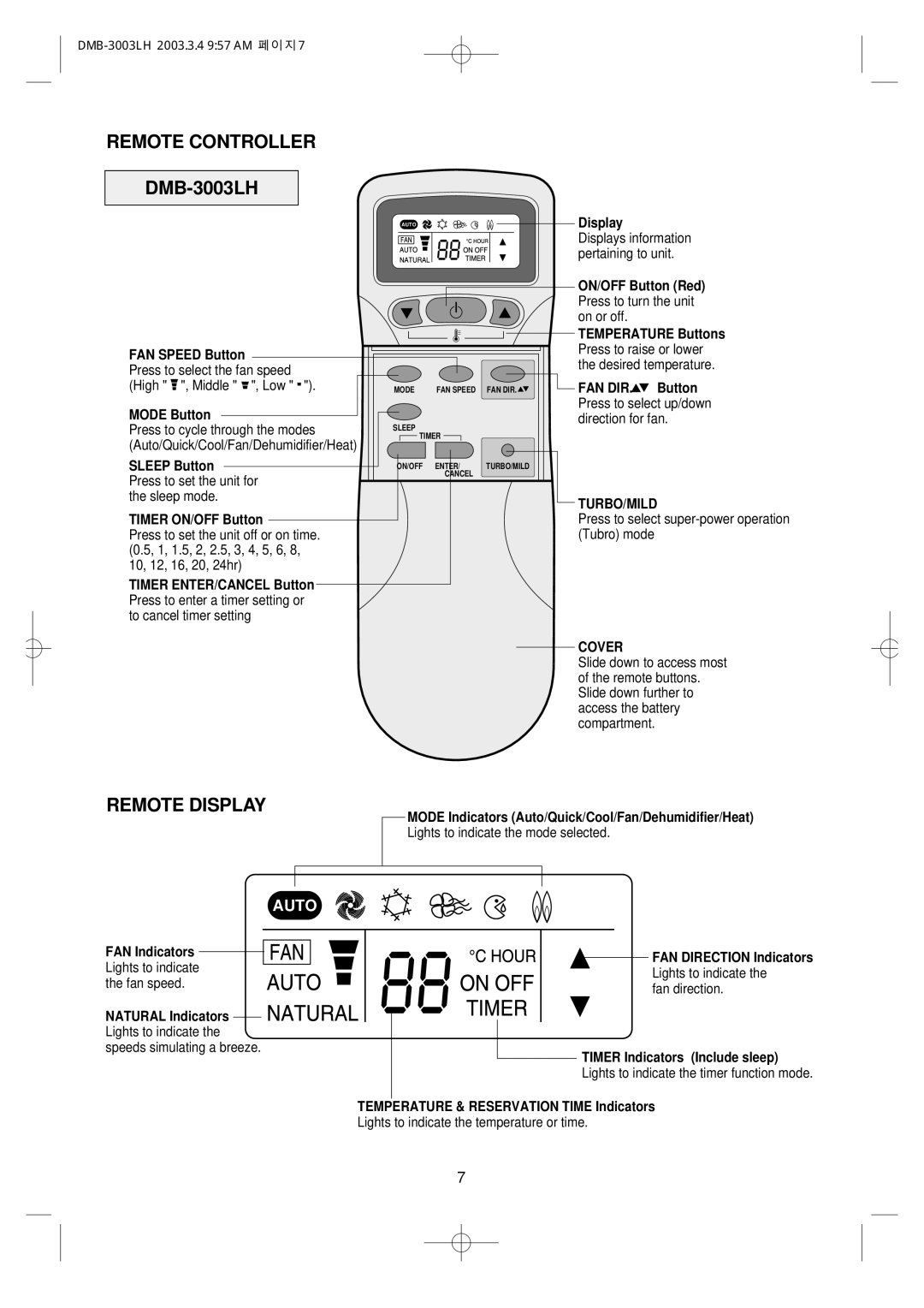 Daewoo DMB-3003LH owner manual Remote Controller, Remote Display 