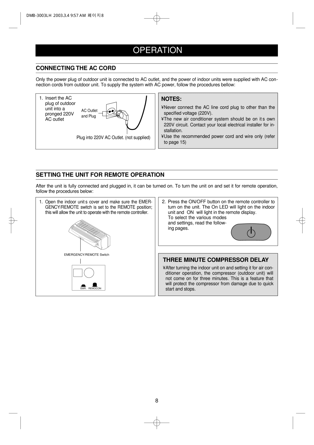Daewoo DMB-3003LH Connecting the AC Cord, Setting the Unit for Remote Operation, Three Minute Compressor Delay 