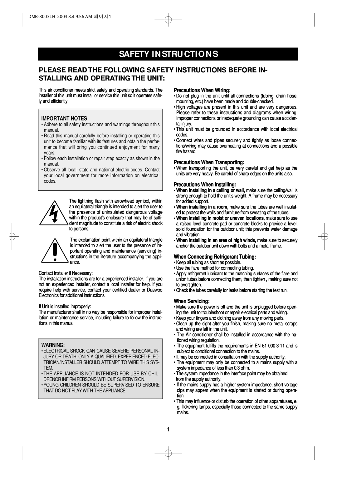 Daewoo DMB-3003LH owner manual Safety Instructions, Important Notes, Precautions When Wiring, Precautions When Transporting 