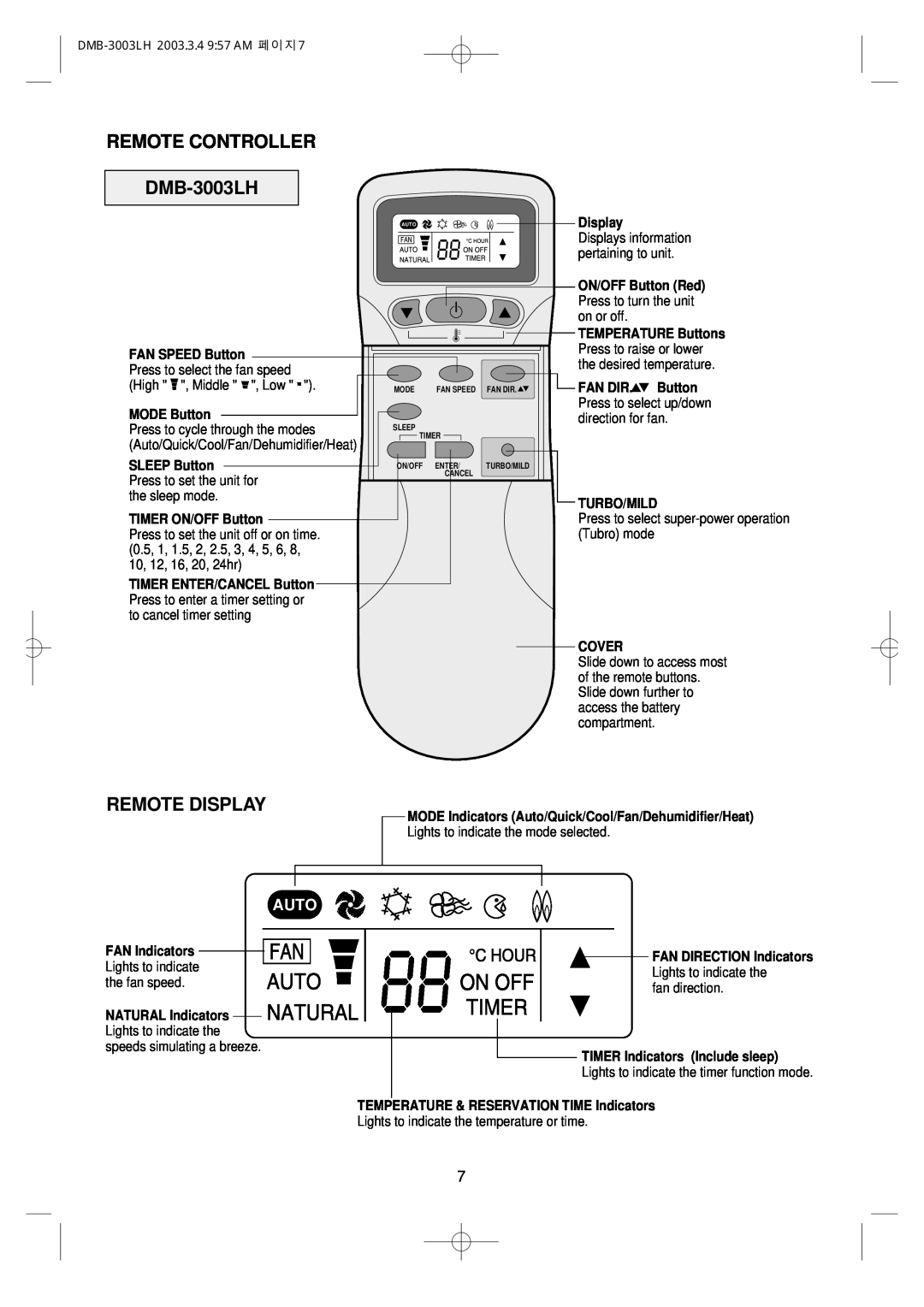 Daewoo owner manual REMOTE CONTROLLER DMB-3003LH, Remote Display, Auto, pertaining to unit 