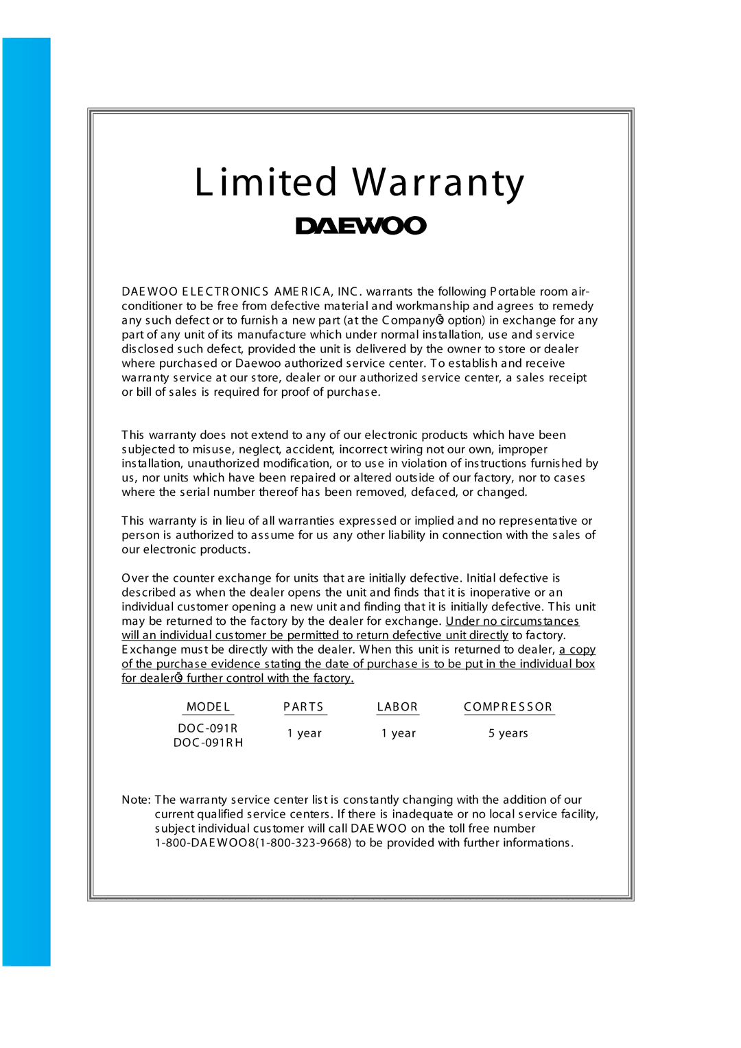 Daewoo DOC-091RH manual Imited Warranty 