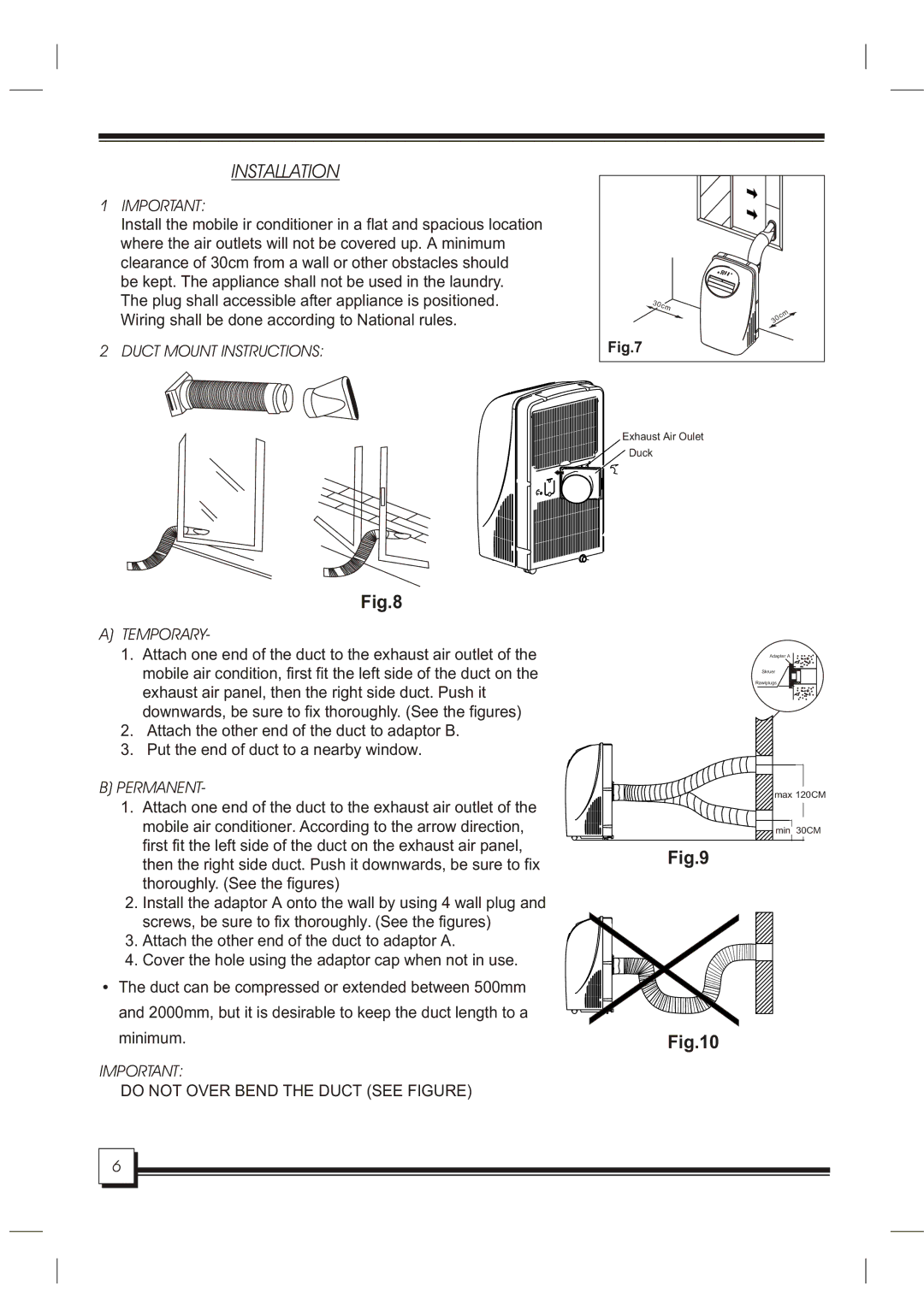 Daewoo DOC-091RH manual Installation, Duct Mount Instructions, Temporary, Permanent 