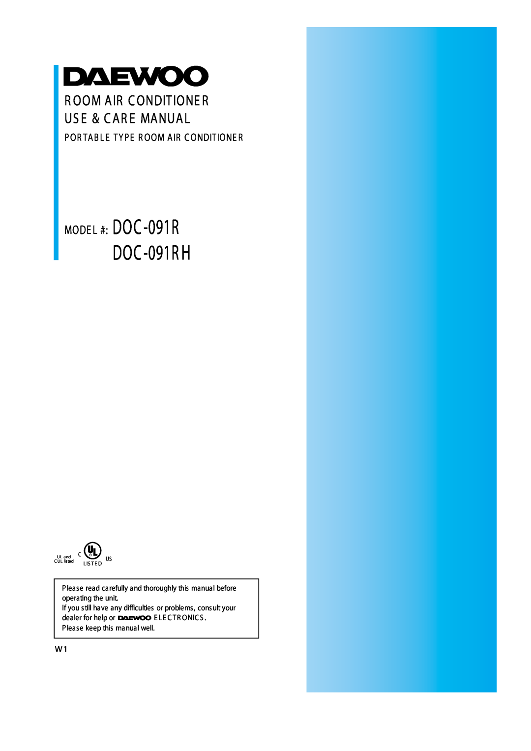 Daewoo DOC-091RH manual DOC -091RH, MODE L # DOC -091R, R Oom Air C Onditione R Us E & C Ar E Manual 