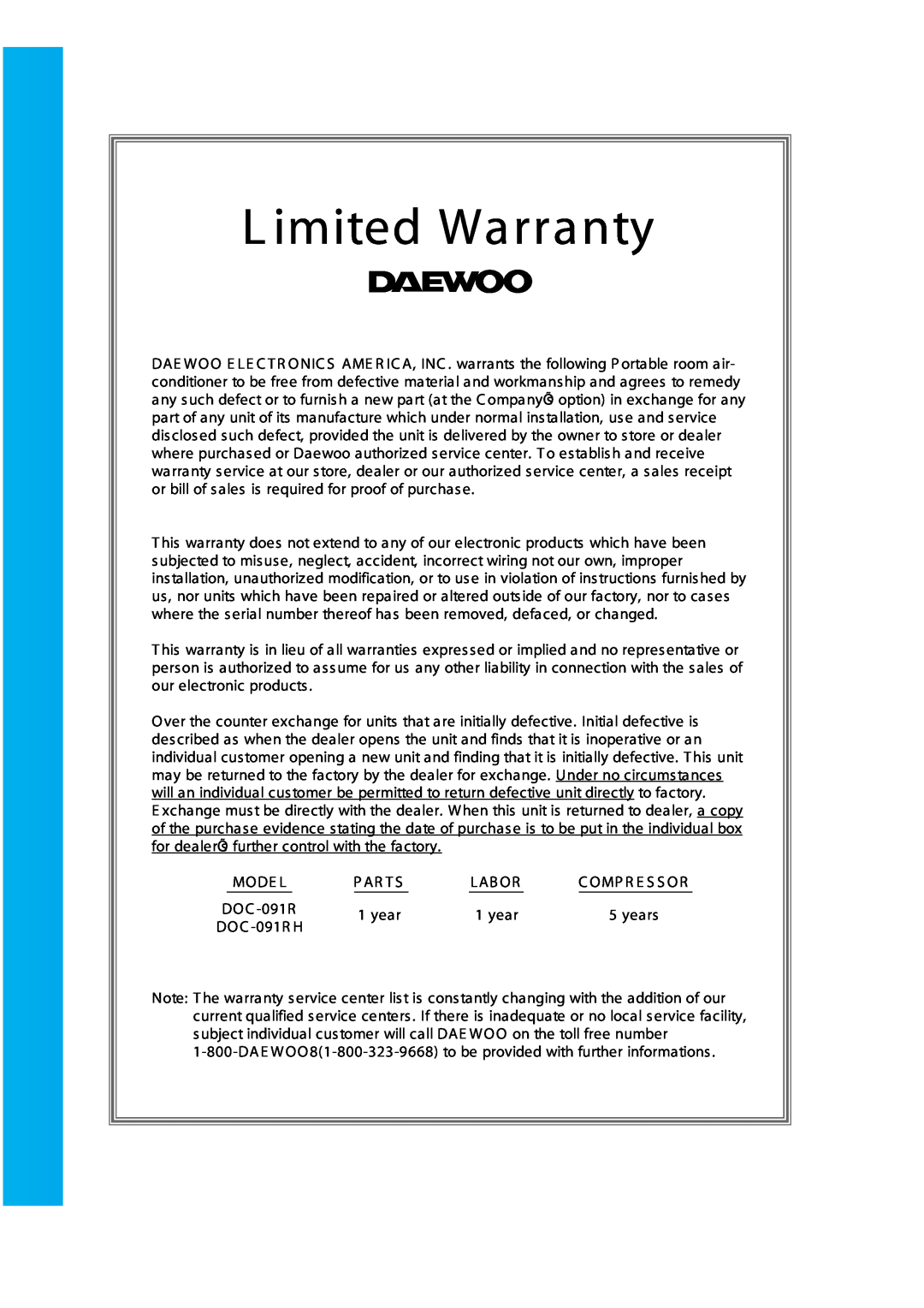 Daewoo DOC-091RH manual L imited Warranty 