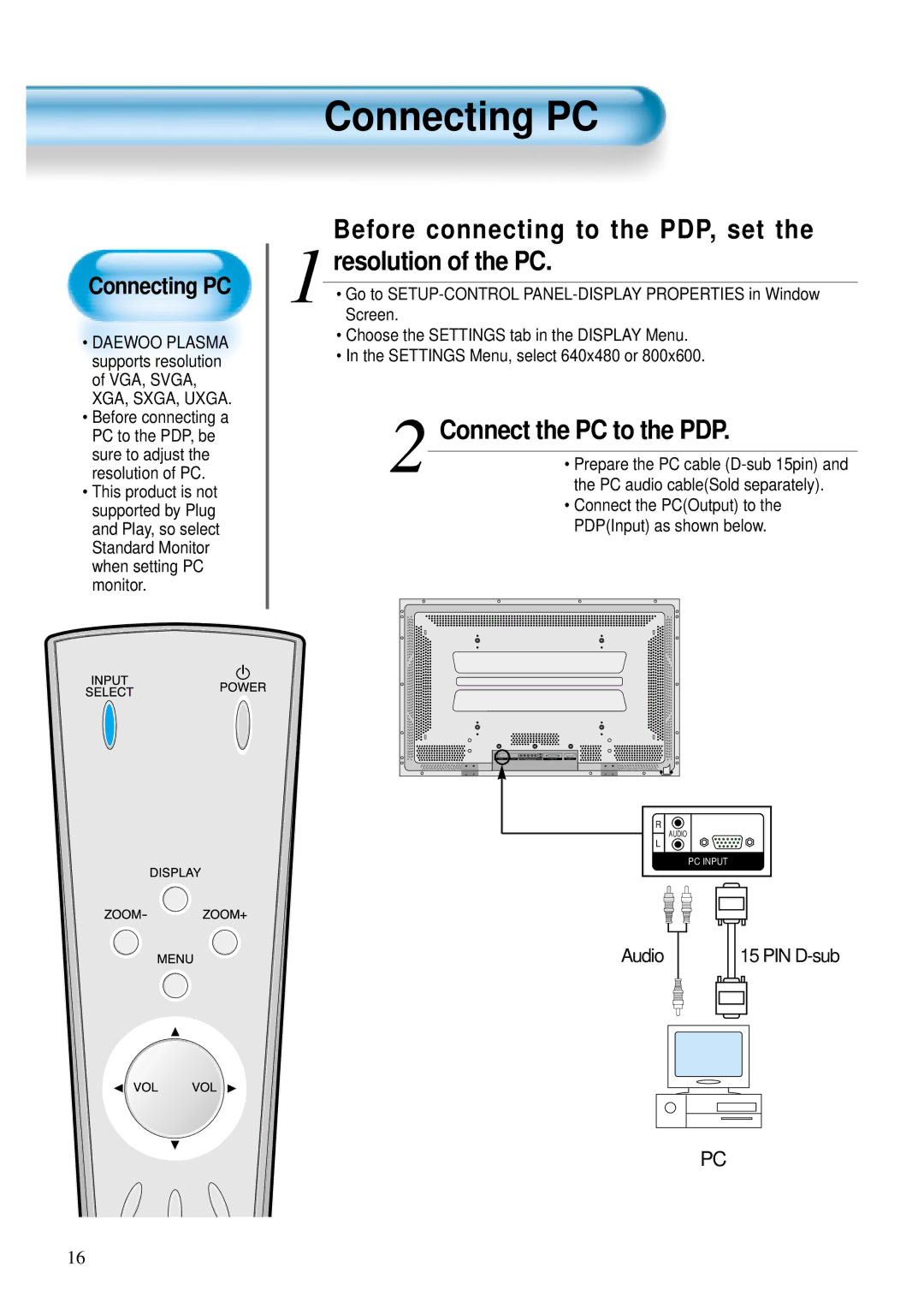 Daewoo DP - 42 SP Connecting PC, Before connecting to the PDP, set Resolution of the PC, Connect the PC to the PDP 