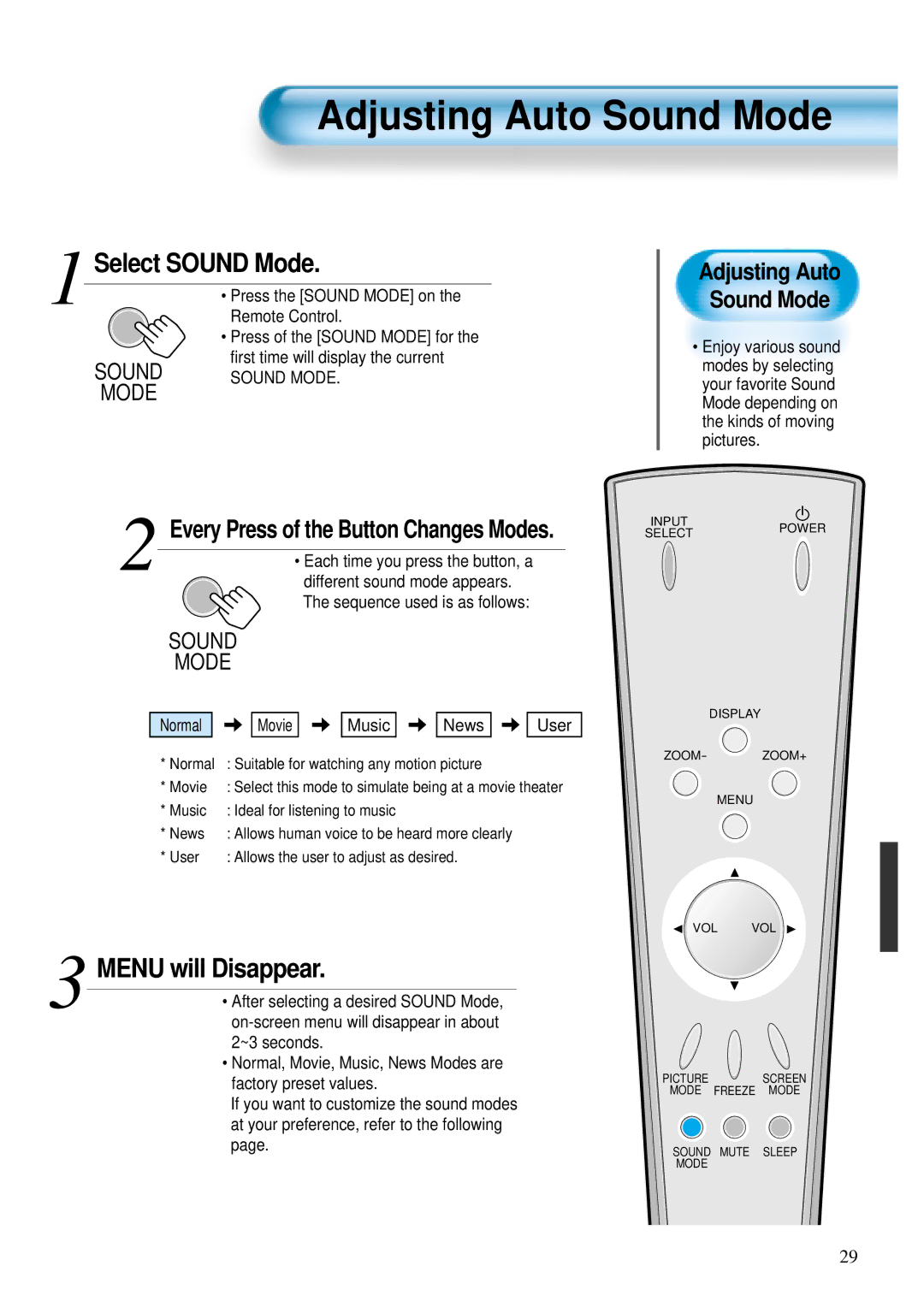 Daewoo DP - 42 WP, DP - 42 SP, DP - 42 GP user manual Adjusting Auto Sound Mode, Select Sound Mode, Menu will Disappear 