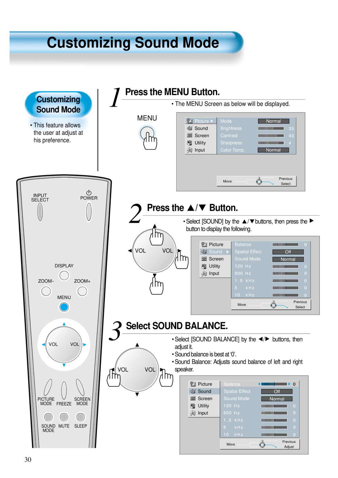 Daewoo DP - 42 GP Customizing Sound Mode, Press the / Button, Select Sound Balance, Button to display the following 