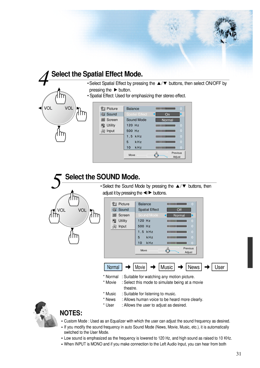 Daewoo DP - 42 SP, DP - 42 WP, DP - 42 GP Select the Spatial Effect Mode, Select the Sound Mode, Pressing the button 