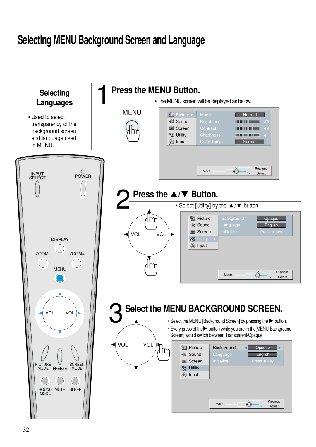 Daewoo DP - 42 WP, DP - 42 SP, DP - 42 GP user manual Selecting Languages, Select Utility by the / button 