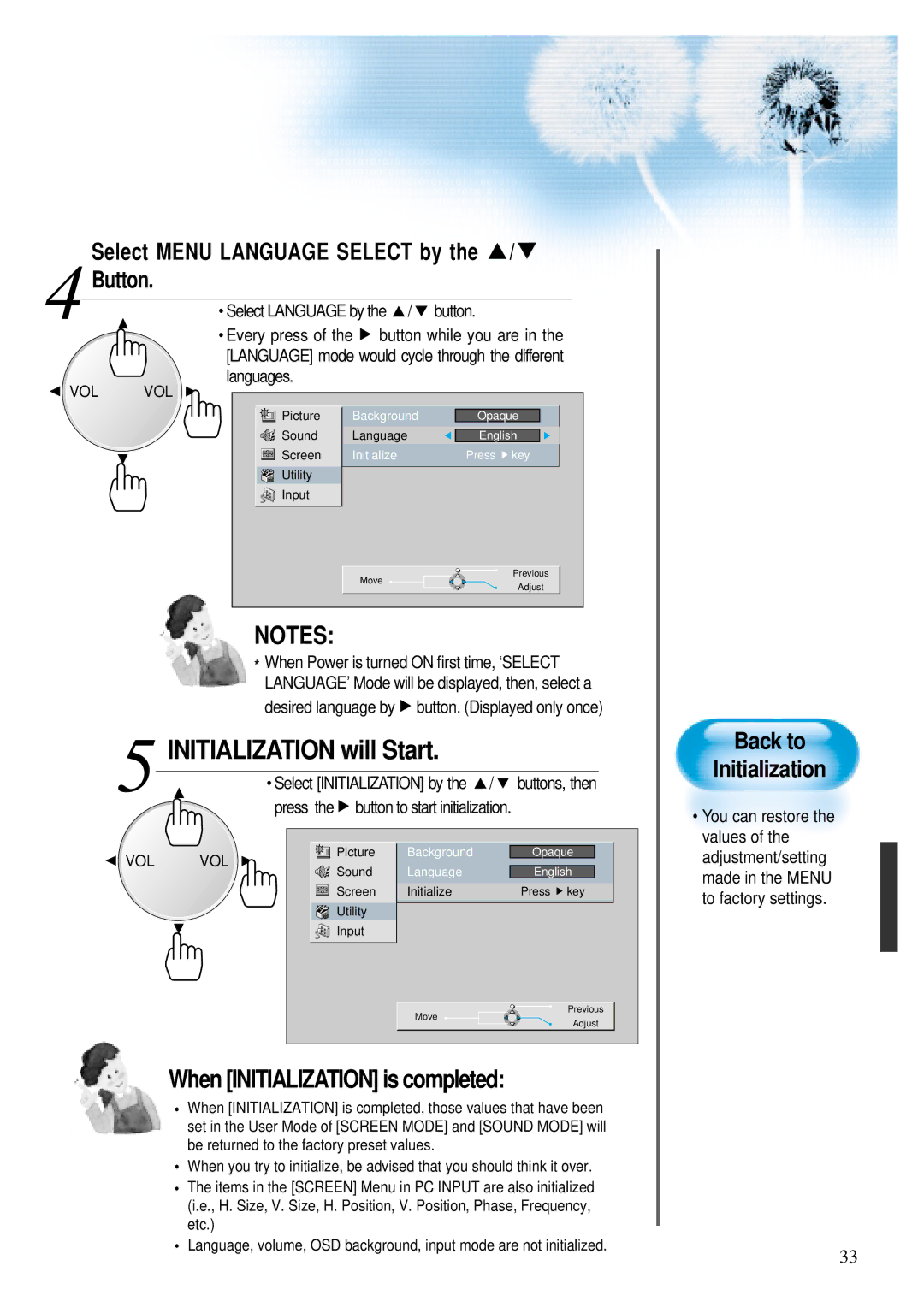 Daewoo DP - 42 GP, DP - 42 SP, DP - 42 WP user manual Initialization will Start, Button, Back to Initialization 