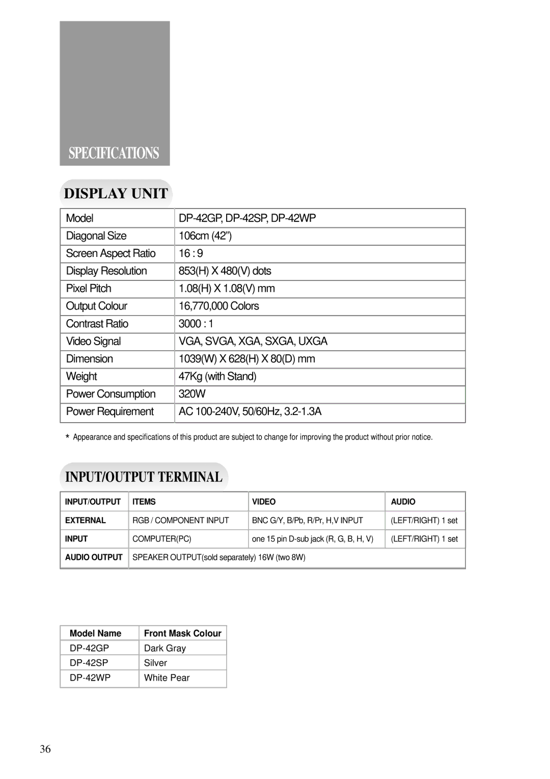 Daewoo DP - 42 GP, DP - 42 SP, DP - 42 WP user manual Specifications 