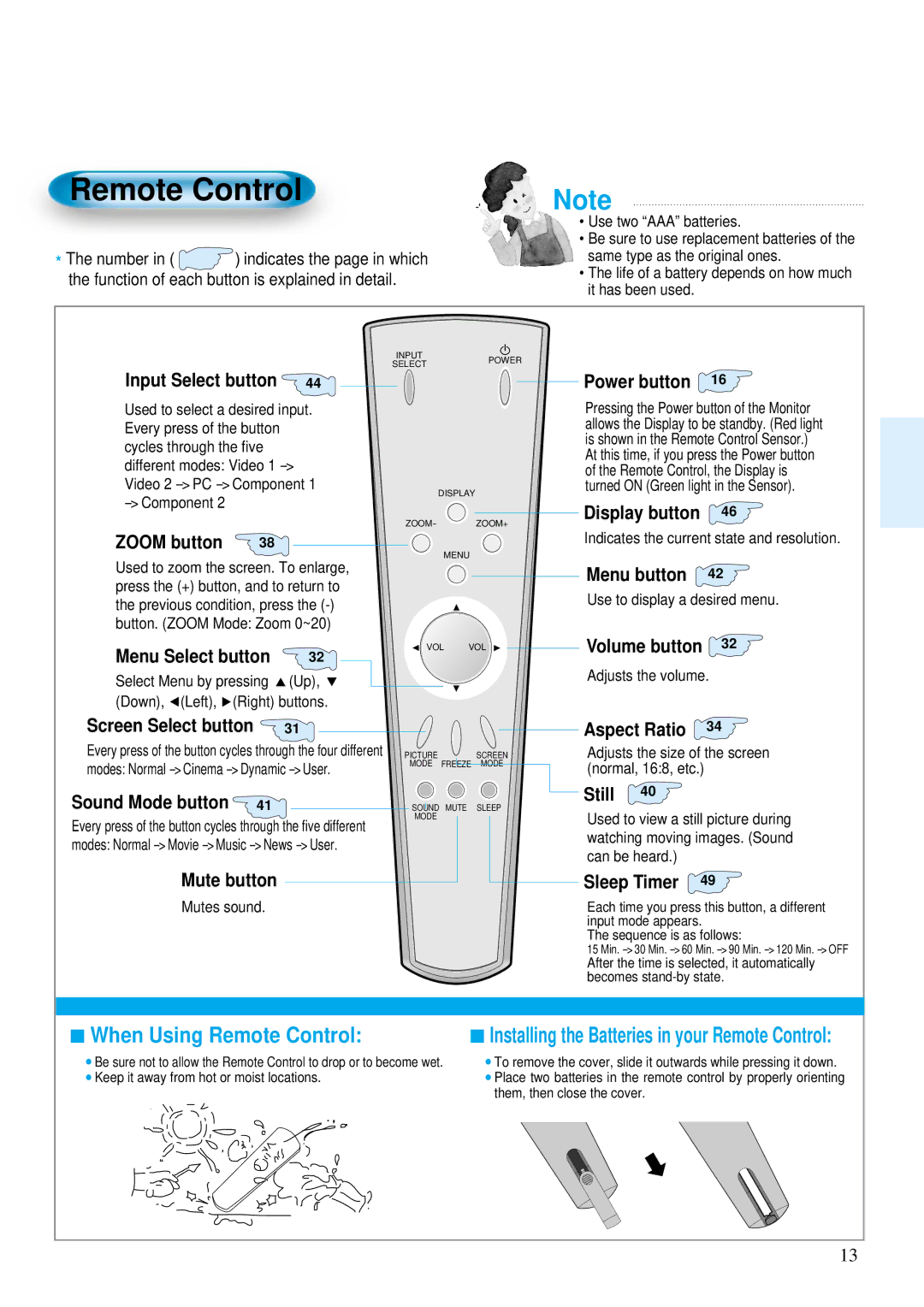 Daewoo DP-42GM, DP-42WM, DP-42SM user manual Remote Control 