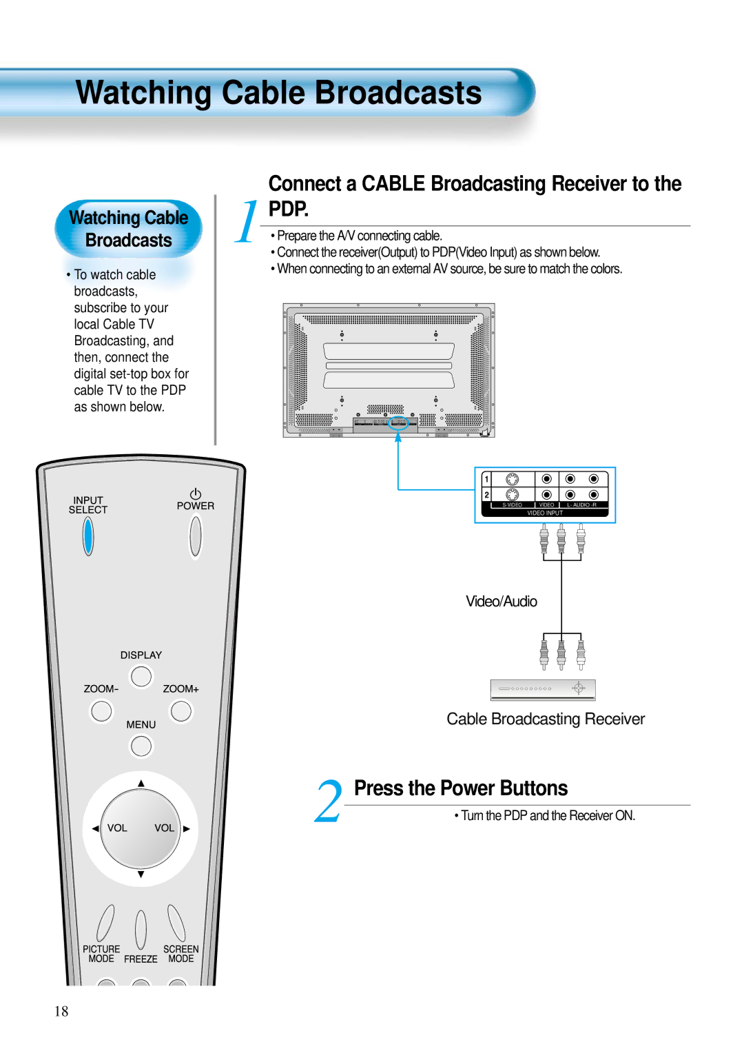 Daewoo DP-42WM, DP-42GM, DP-42SM user manual Watching Cable Broadcasts, Pdp, Turn the PDP and the Receiver on 