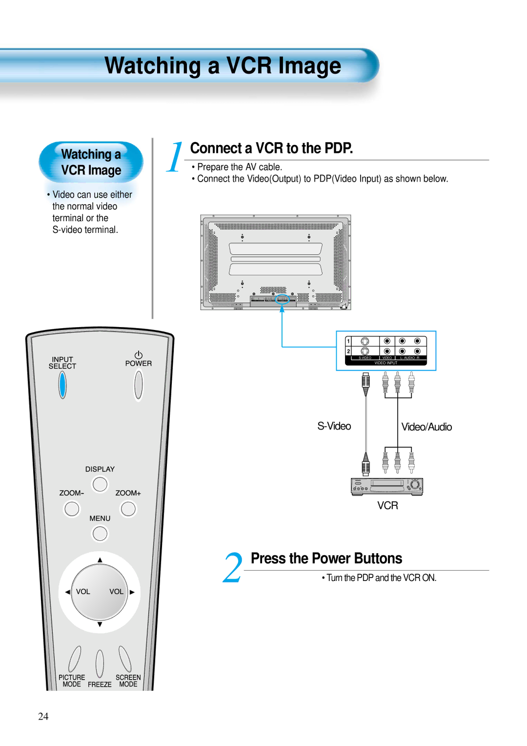 Daewoo DP-42WM, DP-42GM, DP-42SM user manual Watching a VCR Image, Connect a VCR to the PDP, Turn the PDP and the VCR on 