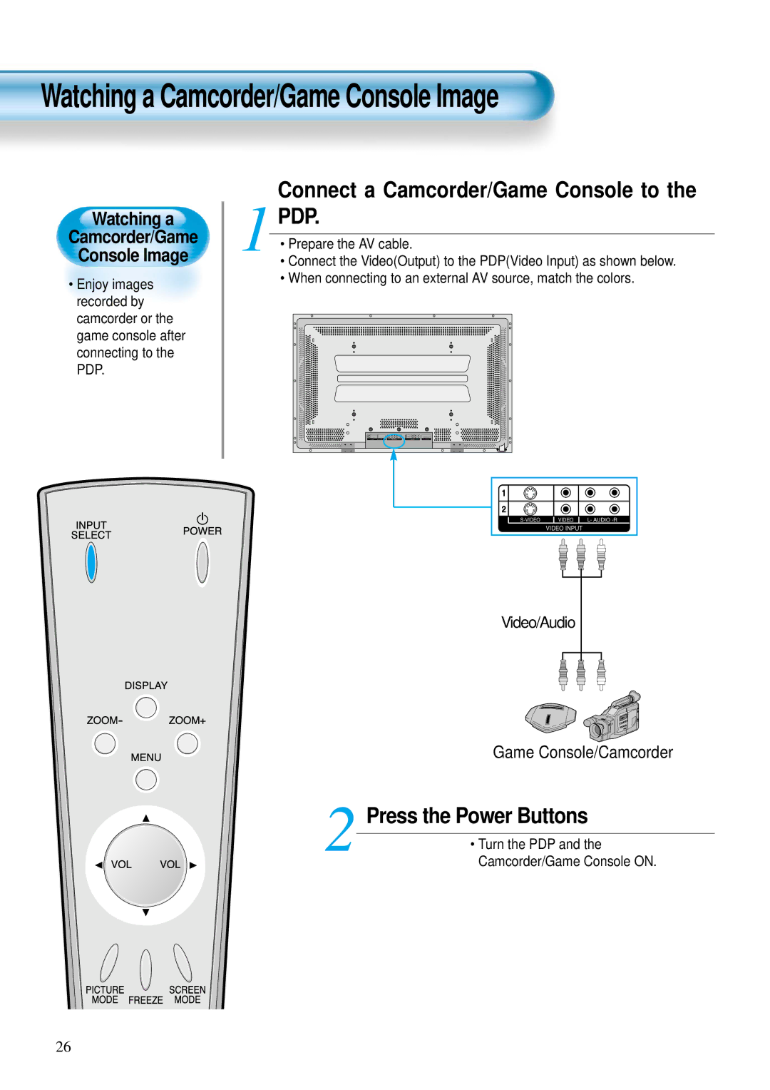 Daewoo DP-42SM, DP-42WM, DP-42GM user manual Connect a Camcorder/Game Console to PDP, Turn the PDP Camcorder/Game Console on 