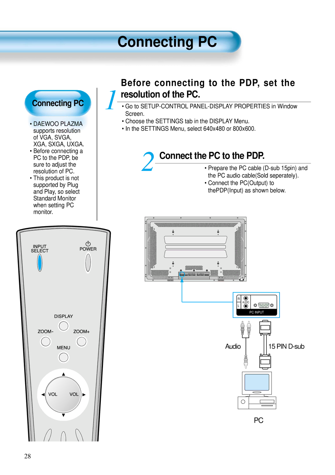 Daewoo DP-42GM, DP-42WM Connecting PC, Before connecting to the PDP, set Resolution of the PC, Connect the PC to the PDP 