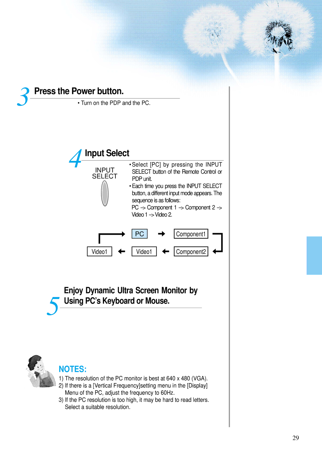 Daewoo DP-42SM, DP-42WM Press the Power button, Turn on the PDP and the PC, Sequence is as follows, Video 1 --Video 