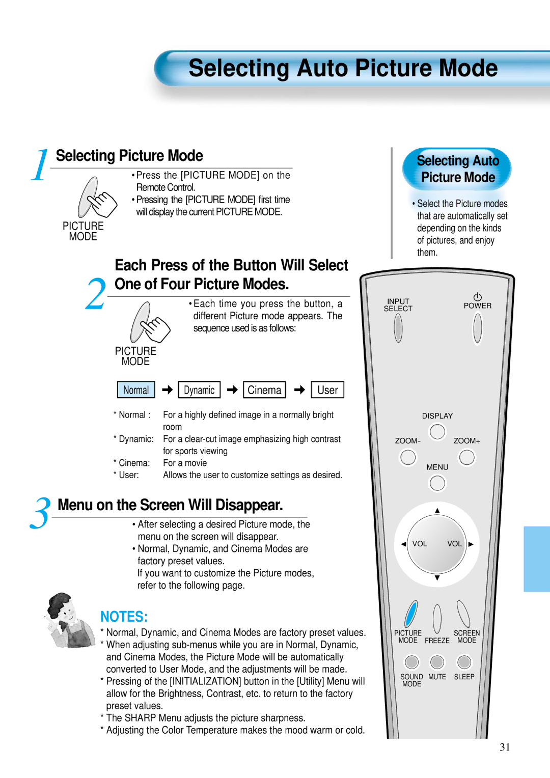 Daewoo DP-42GM, DP-42WM, DP-42SM user manual Selecting Auto Picture Mode, Selecting Picture Mode, One of Four Picture Modes 