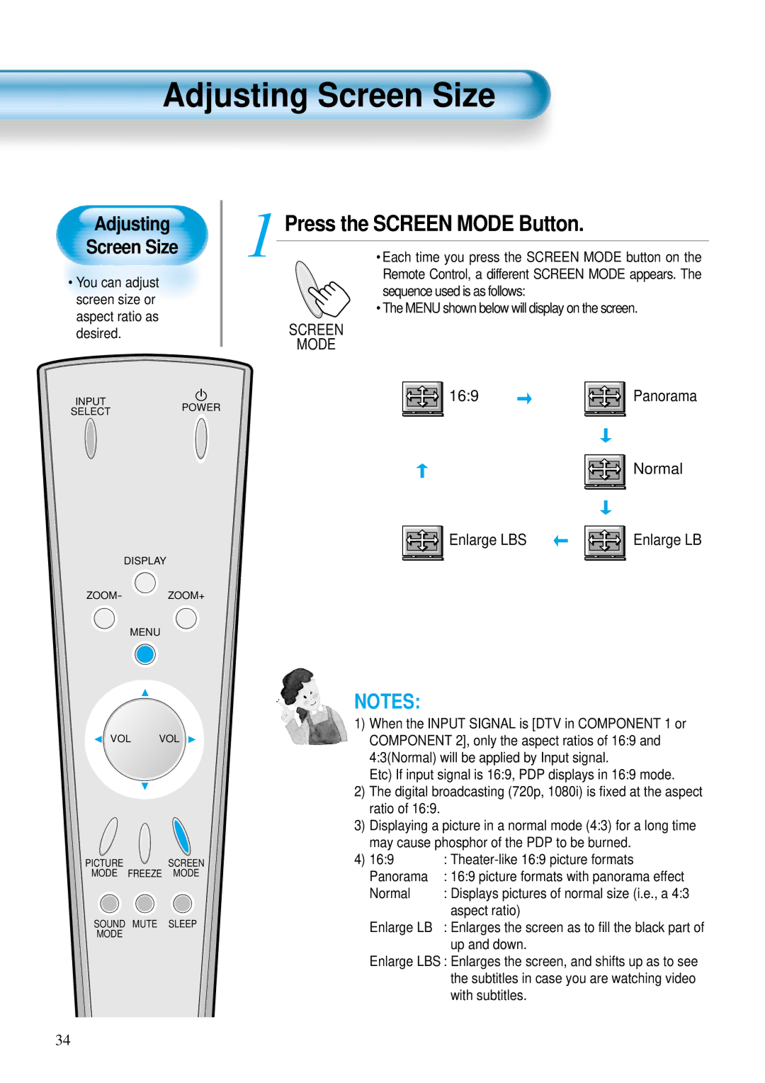 Daewoo DP-42GM, DP-42WM, DP-42SM user manual Adjusting Screen Size, Press the Screen Mode Button 