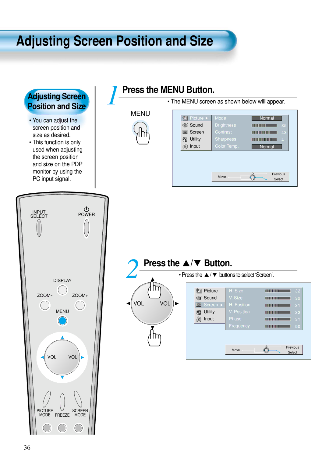 Daewoo DP-42WM, DP-42GM, DP-42SM user manual Adjusting Screen Position and Size 