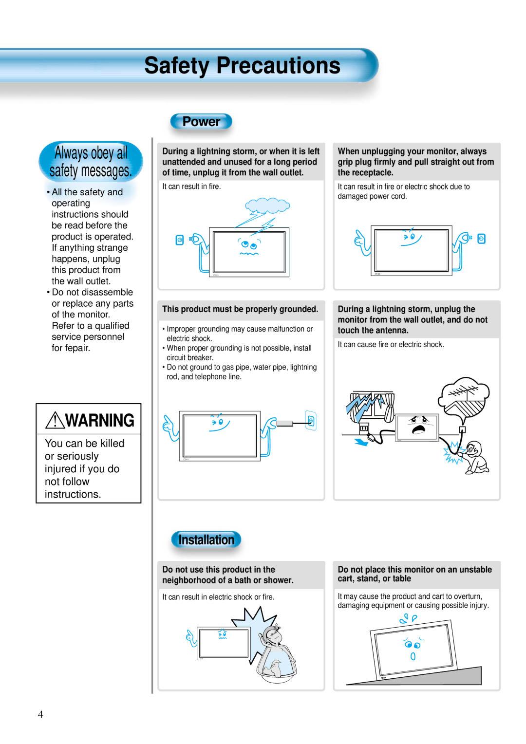 Daewoo DP-42GM, DP-42WM, DP-42SM user manual Safety Precautions, Power, Installation 