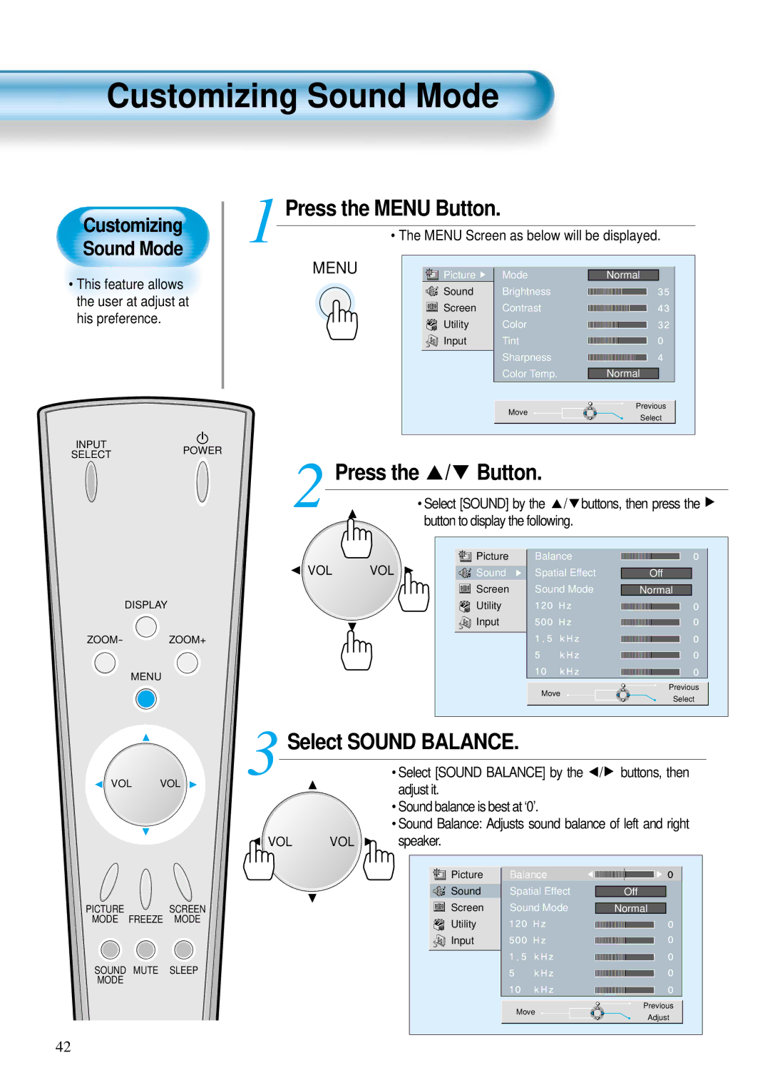 Daewoo DP-42WM, DP-42GM, DP-42SM user manual Customizing Sound Mode, Select Sound Balance, Button to display the following 