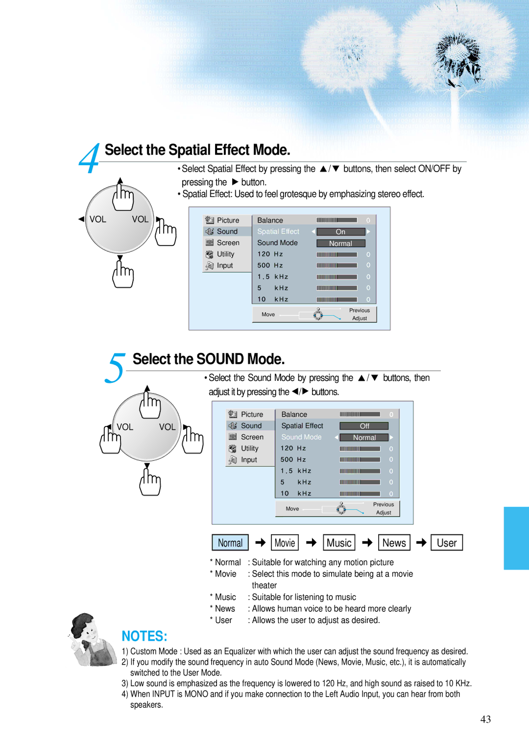 Daewoo DP-42GM, DP-42WM, DP-42SM user manual Select the Spatial Effect Mode, Select the Sound Mode, Pressing the button 