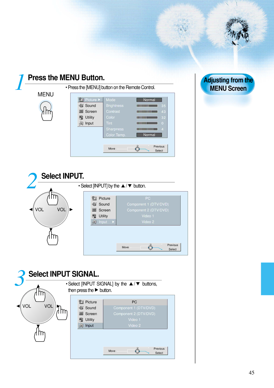 Daewoo DP-42WM, DP-42GM, DP-42SM user manual Select Input, Adjusting from Menu Screen, Button 