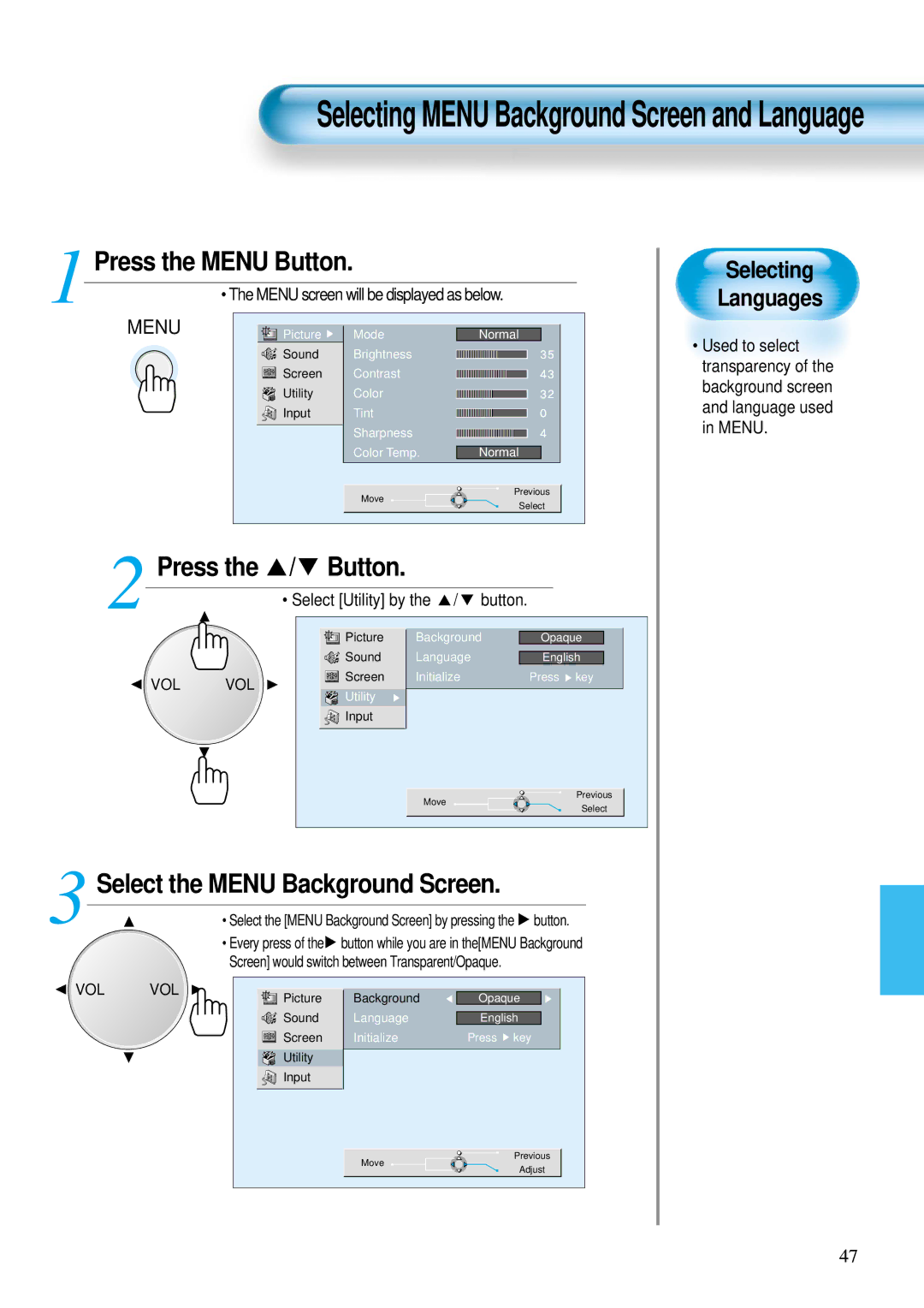 Daewoo DP-42SM, DP-42WM, DP-42GM user manual Selecting Languages, Select Utility by the / button 