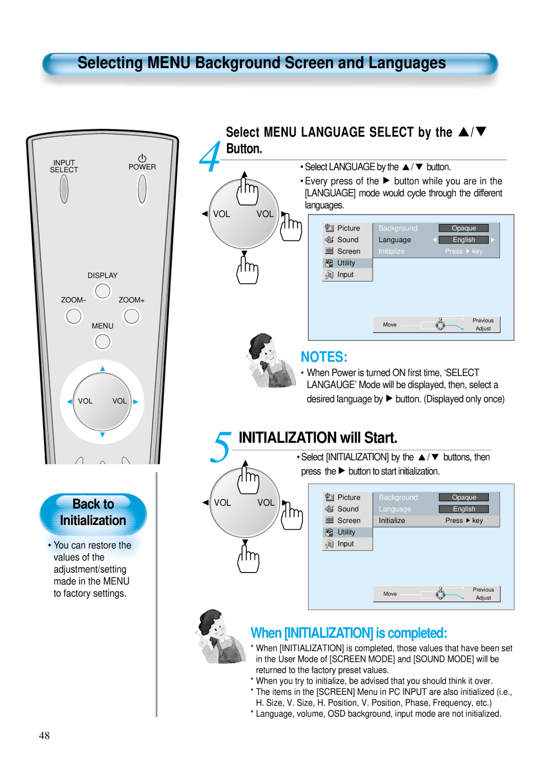 Daewoo DP-42WM, DP-42GM, DP-42SM user manual Initialization will Start, Back to Initialization, Button 