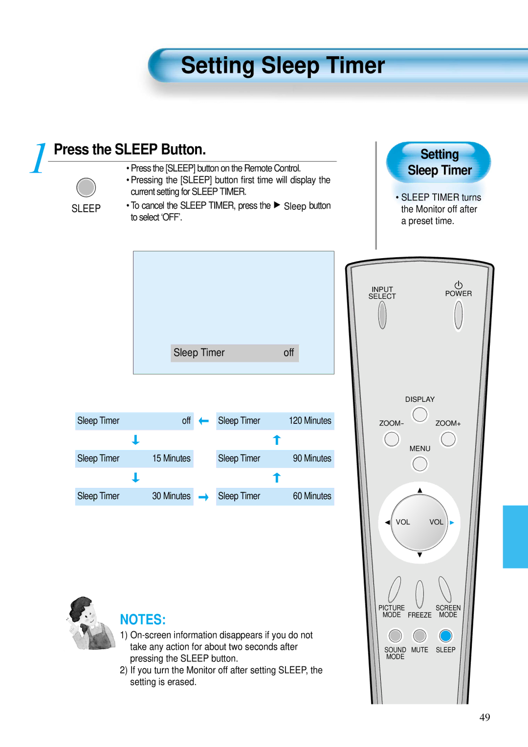 Daewoo DP-42GM, DP-42WM, DP-42SM user manual Setting Sleep Timer, Press the Sleep Button 