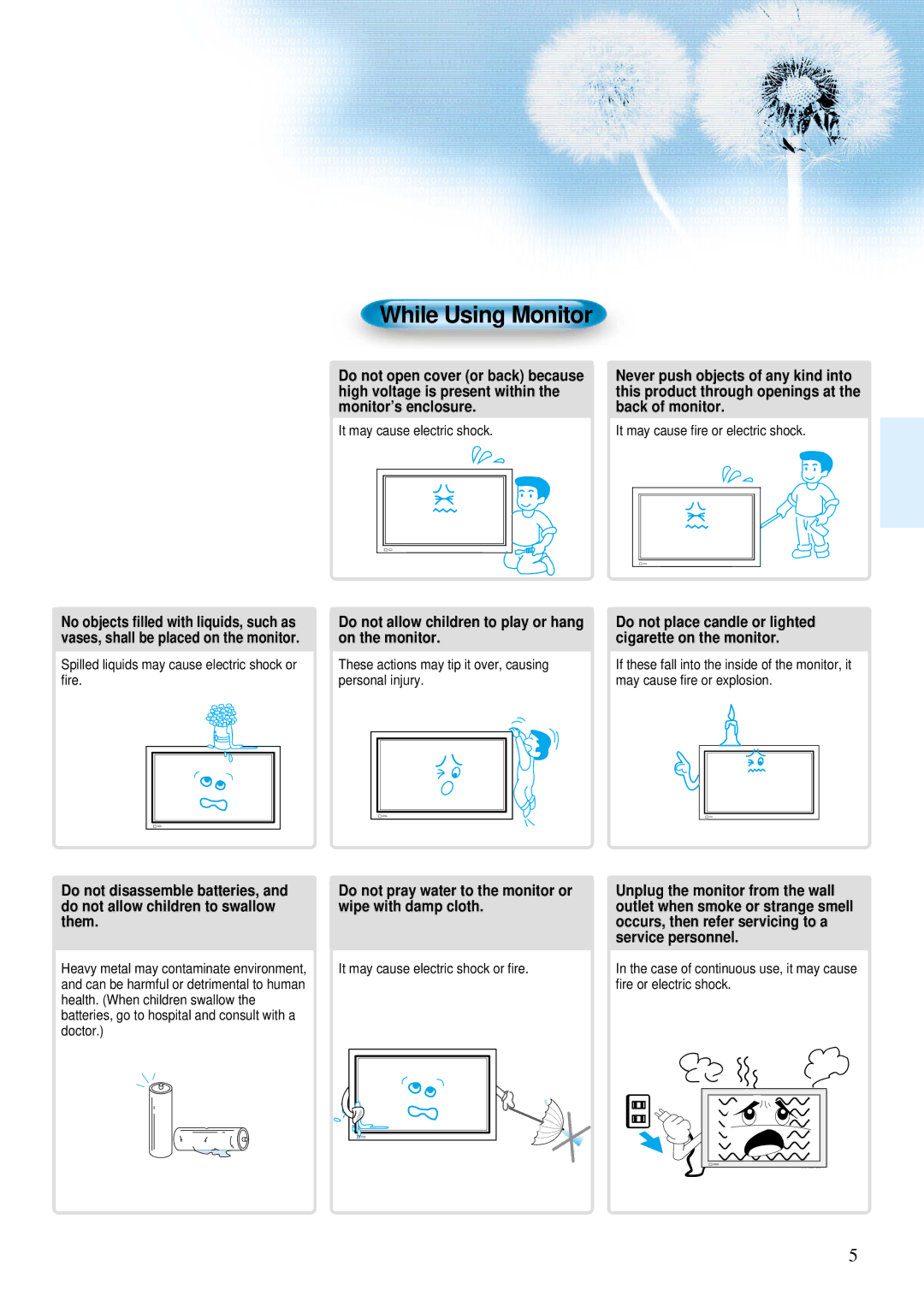 Daewoo DP-42SM, DP-42WM, DP-42GM user manual While Using Monitor, Do not allow children to play or hang on the monitor 