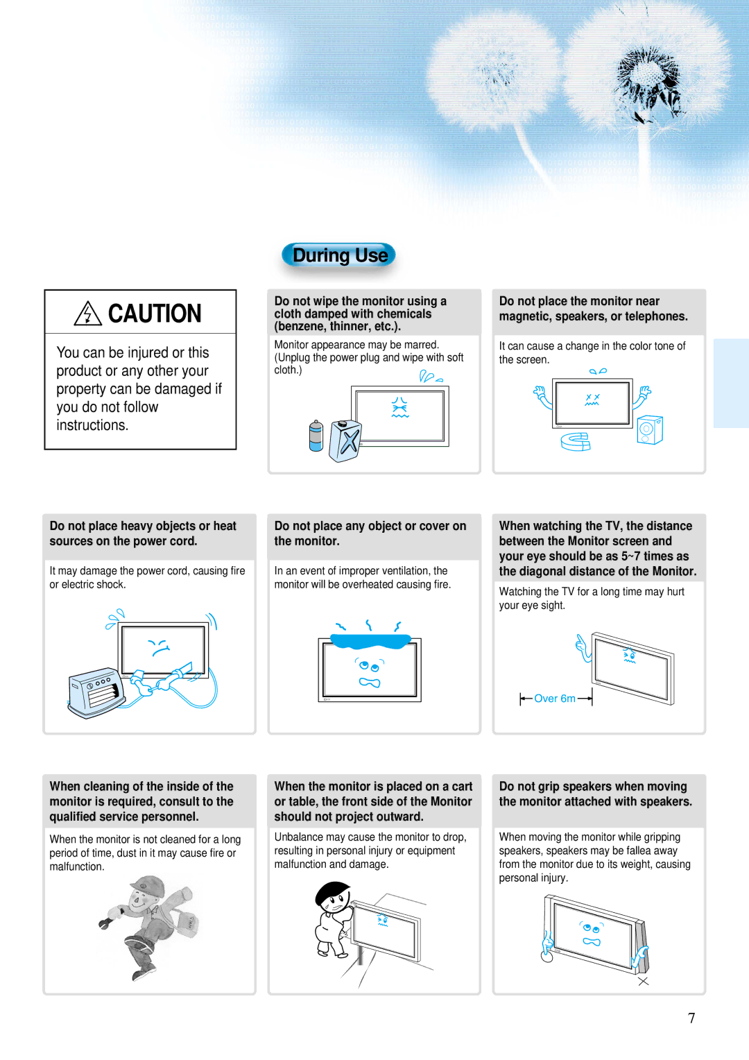 Daewoo DP-42GM, DP-42WM, DP-42SM user manual During Use, Do not place any object or cover on the monitor 