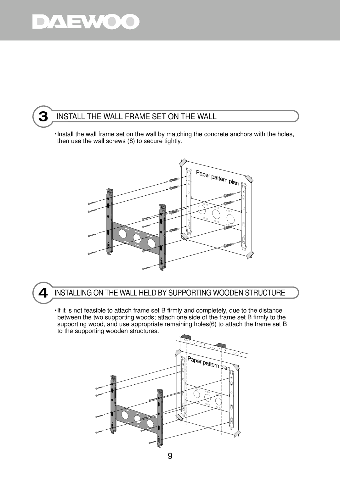 Daewoo DP-HG22 Install the Wall Frame SET on the Wall, Installing on the Wall Held by Supporting Wooden Structure 