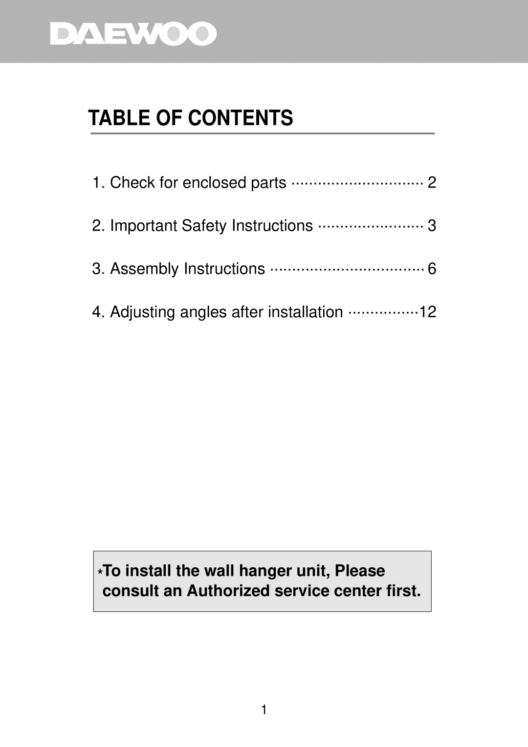 Daewoo DP-HG22 instruction manual Table of Contents 